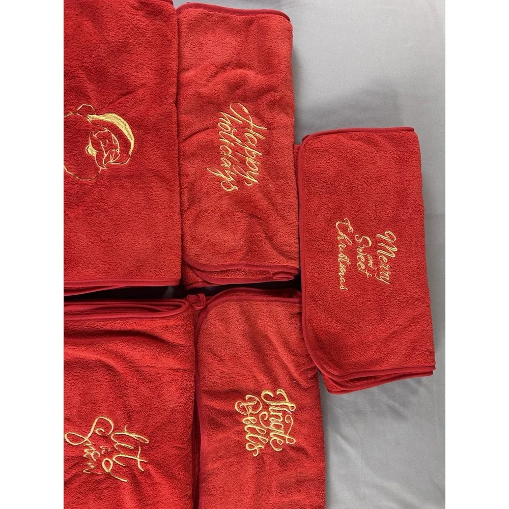 Lot of 12 Christmas Hand Towels‎ Red Gold Embroidered Santa Joy Noel Holiday